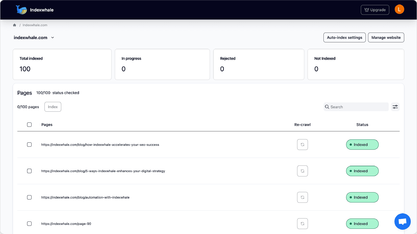 Indexwhale Dashboard Interface